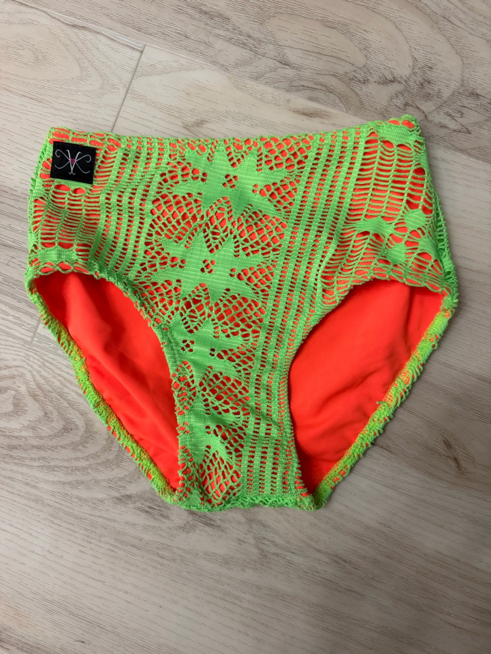 Kids Neon Green Crochet Dance Brief with Bright Orange Lining